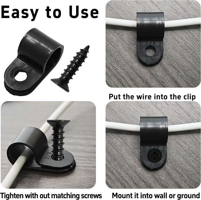100Pcs R-Type Cable Clips 3/8" Black Nylon Plastic Wire Clamps with Mounting Screws, Cord Fastener Cable Management Organizer for Home Office Electrical Installation