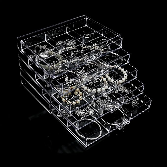 Clear Acrylic Jewelry Storage Box, Earring Jewelry Organizer with 5 Drawers, 5-Layer Jewelry Box for Women, Earrings Display Holder for Ring Bracelet Necklace, 30 Grids Compartment Storage Box