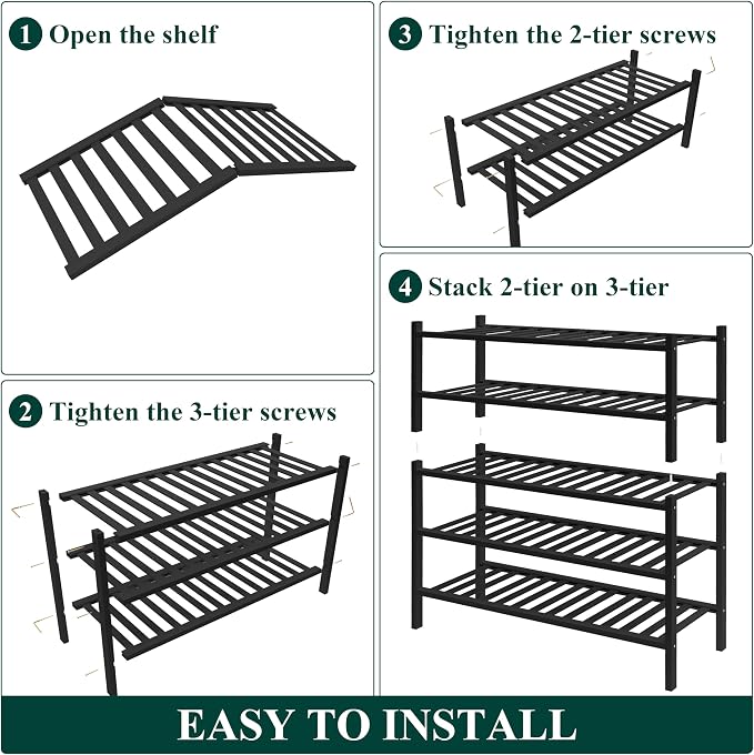 Smiry Bamboo Shoe Rack for Closet, 5 Tier Wooden Shoe Organizer, Stackable Wood Shoe Storage Shelf for Entryway, 14 Vertical Slats, 2+3 Stack Heavy-Duty Legs, 26.77"x11.02"x31.3", Black