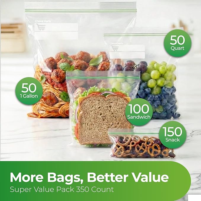 Baggies Variety Size Pack – 350 Count Food Storage Variety Pack with 50 Gallon Freezer Bags, 50 Quart Freezer Bags, 100 Sandwich Bags & 150 Snack Bags – Heavy Duty Resealable Freezer Storage Bags