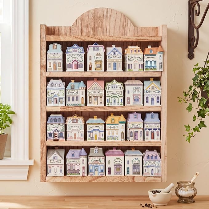 Chunful Vintage Spice Jar Wooden Rack Light Oak Farmhouse Spice Shelf for 24 Jars, Village Style Wall Mounting Kitchen Storage Decorative Hanging Display Rack, Shelf Only