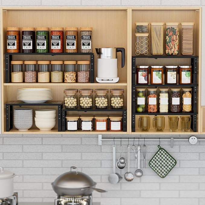 Expandable Spice Rack Kitchen Cabinet Shelf Organizer, Stackable Storage Shelves Racks, Adjustable Counter Shelving for Cabinets, Countertop, Cupboard,Pantry and More(2Packs/Black/Medium)