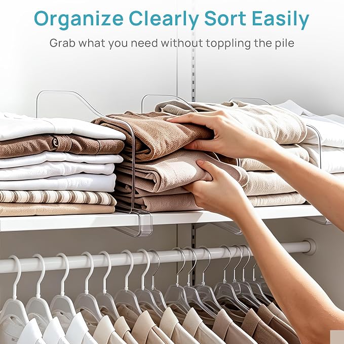 Vtopmart 4 Pack 7.5“ Height Shelf Dividers for Closet Organization | Clear, Plastic, Space-Saving, Easy to Install, Fit Shelf Thicknesses 0.4"-1.35", for Purses, Hangbags, Towels and Book