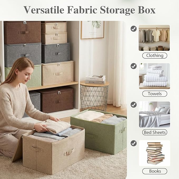 ANMINY 2PCS Storage Bins with Zipper Lids 36 Qt Lidded Fabric Storage Boxes Baskets Cubes with Handles Collapsible Washable Cotton Linen Closet Shelf Clothes Organizer Containers - Gray, Large
