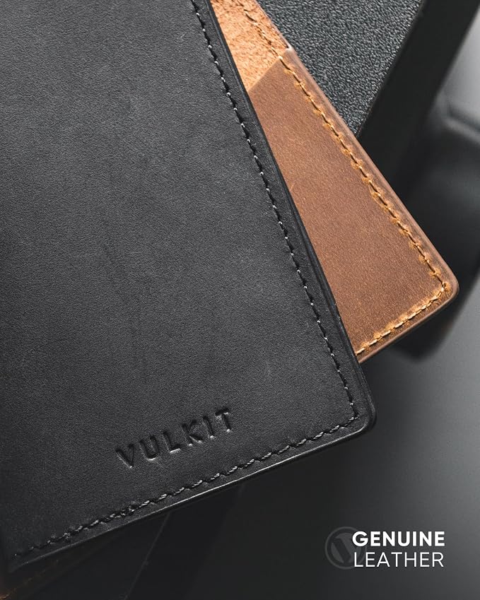 VULKIT Genuine Leather Business Card Holder 2 Sided Slim Business Name Card Organizer for Men or Women, up to Hold 20 cards (Genuine Black)