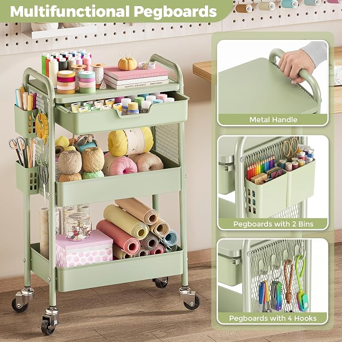 Rolling cart with Drawers - 3 Tier Metal Multifunctional Storage Organizors on Wheels with Tabletop, Hooks & Basket, Sturdy Craft & Art Cart for Bathroom, Bedroom, Children Room, Green