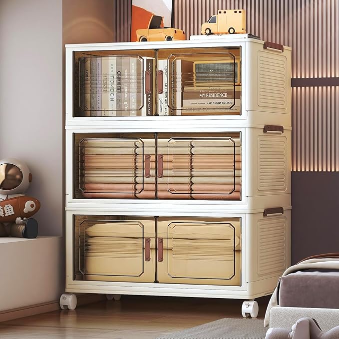 191QT Extra Large Lockable Stackable Storage Bins with Lids, 3-Tier Collapsible Plastic Storage Cabinet on Wheels, Foldable Closet Organizer for Blankets Bedroom Dorm Home Office Organization