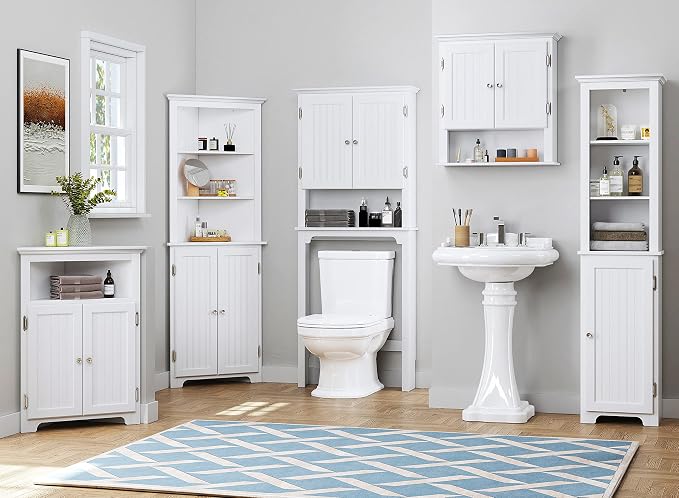 UTEX Over The Toilet Storage Cabinet, White Bathroom Organizer with Doors | FSC-Certified MDF, Adjustable Shelves, Anti-Tip Bracket, 34'' Toilet Clearance, Hidden & Open Storage for Toiletries, Towels