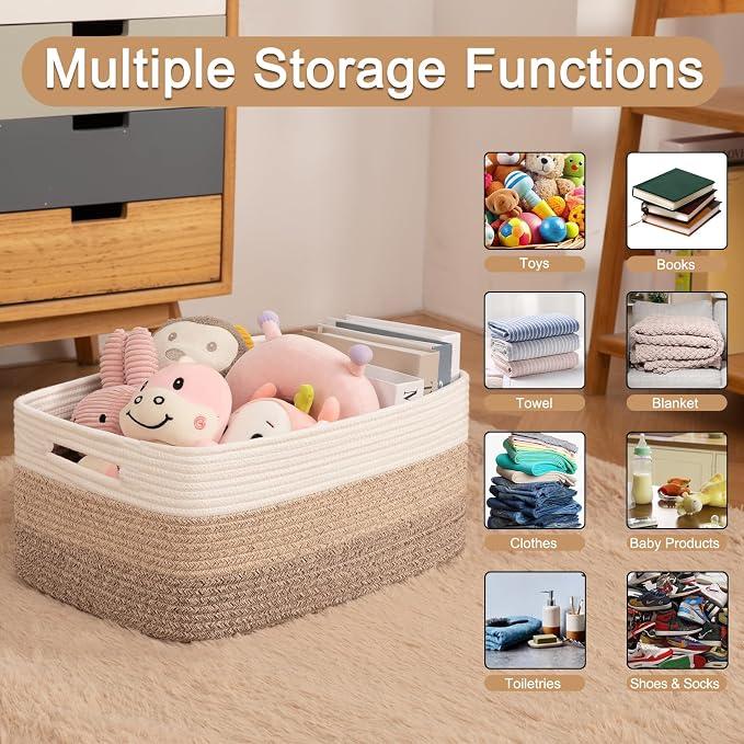 OIASKET Large Storage Basket for Organizing, Woven Rope Basket for Shelves, Closet Organizer Bins for Clothes, Blanket, Toys, Baby Nursery Storage, 17.7" x 13" x 7.87", 4 Packs Gradient Yellow