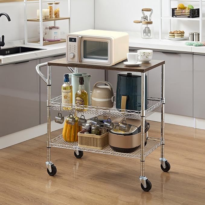 Rolling Kitchen Carts on Wheels With Storage,650Lbs Heavy Duty Metal Cart with Wheels,3 Tier Rolling Cart with Wooden Top,NSF Utility Cart with Handle for Food Cart Serving Carts,30.3"L*31.9"H*18.1"W