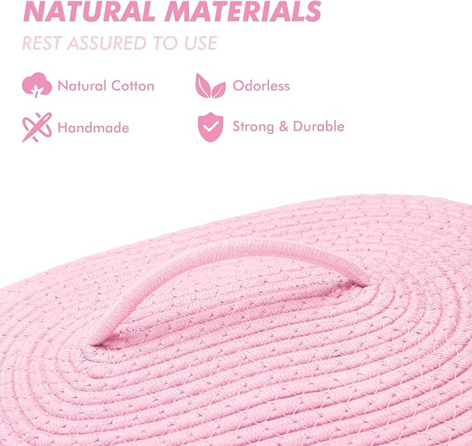 Sea Team Oval Cotton Rope Storage Basket with Lid, Lidded Woven Storage Bin, Nursery Storage Container, Diaper Caddy, Baby Shower Basket, Box, Organizer, 15 x 11 x 6.5 Inches (Medium, Pink)