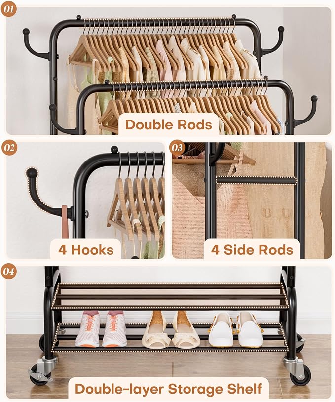 Homde Sturdy Garment Rack for Bedroom: 265 lbs Heavy Duty Clothes Organizer | 2 Hanging Rods Hold Coat to T-Shirt - Easy Roll & Park on Wheels - Metal Frame Stays Solid & Stable at Full Load