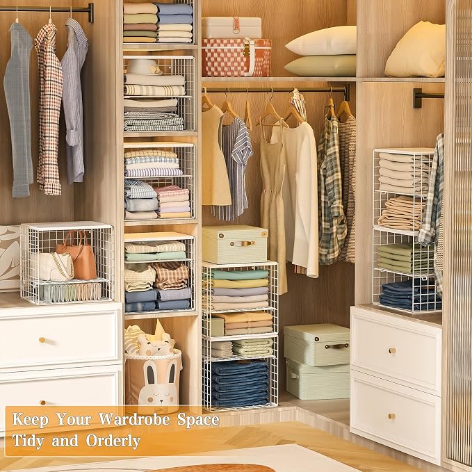 Huxitocan 4-Tier Stackable Closet Organizers and Storage Shelves, Closet Storage Basket with Wood Tops, Adjustable Height Dividers Closet Storage Bins for Home Closet Organizer System, White