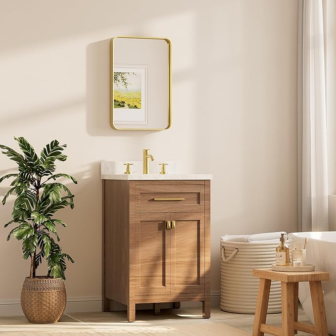 TETOTE 16 x 24 Inch Brushed Gold Frame Mirror, Brass Gold Bathroom Vanity Mirror for Wall, 2 Inch Thick Modern Round Corner Rectangle Framed Mirror (Horizontal/Vertical)