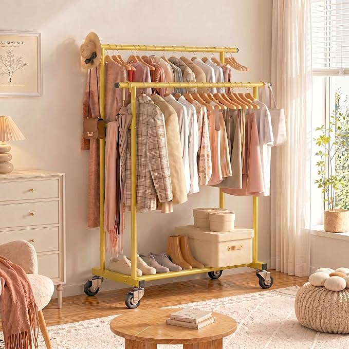 Calmootey Rolling Garment Rack with 2 Rods, Clothes Organizer for Bedroom | High-Low Rods, Two Lockable Wheels, Sturdy Metal Frame, Space-Saving, Fits Laundry, Living Room, Gold