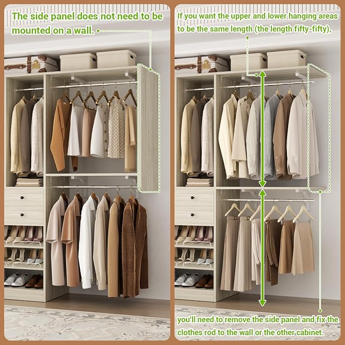 Besiost Closet System - 60"/92" Closet System with Drawers, 5FT/7.67FT Closet Organizer System with Reversible Hanging Shelving Greige Oak