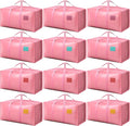 12 Pack Moving Bags with Full-Open Side Zipper, Extra Large 93L Heavy Duty Waterproof Foldable Storage Totes for College Dorm, Moving & Home Organization Pink