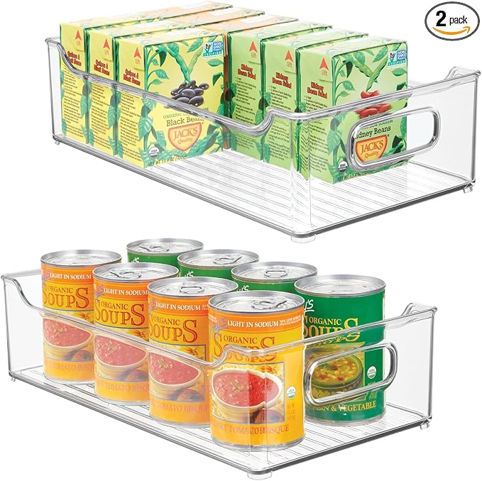 mDesign Wide Plastic Kitchen Storage Container Bins with Handles -Organization in Pantry, Cabinet, Refrigerator or Freezer Shelves - Food Organizer for Fruit, Yogurt, Squeeze Pouches - 2 Pack - Clear