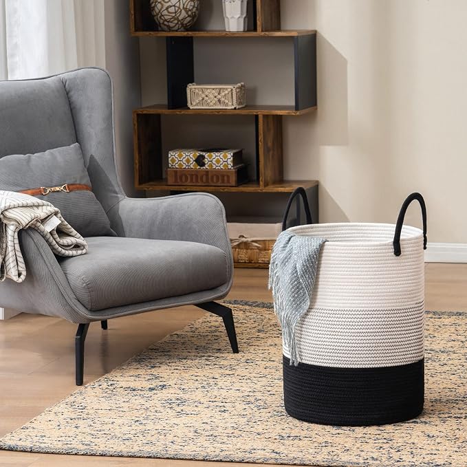 Woven Rope Laundry Hamper Basket by YOUDENOVA, Tall Luandry Basket, Baby Nursery Hamper for Blanket Storage, Clothes Hamper for Laundry in Bedroom-Large-(Dark White, 58L)