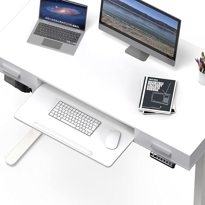 SHW 48-Inch Electric Height Adjustable Desk w/Keyboard Tray, White | w/ 2 Drawers | Memory Presets and Cable Management | Hanging Hooks