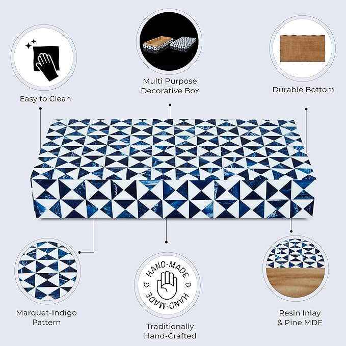 Handicrafts Home Blue and White Decorative Storage Box with Lid– Large Coffee Table Storage Box, Handmade Resin Inlay Wooden Box, Remote Control Organizer, Keepsake Box, Home Decor Storage Box-12x6x2