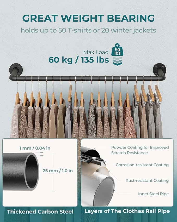 OROPY 38.4" Industrial Pipe Clothes Rack Wall Mounted, Heavy Duty, 2 Pack | Heavy Duty Iron Pipe Clothing Garment Rail, Multi-Purpose Clothing Hanging Rod for Laundry Room and Closet Storage, Black