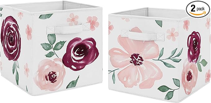 Sweet Jojo Designs Burgundy Watercolor Floral Foldable Fabric Storage Cube Bins Boxes Organizer Toys Kids Baby Childrens - Set of 2 - Blush Pink Maroon Wine Rose Green Shabby Chic Flower Farmhouse
