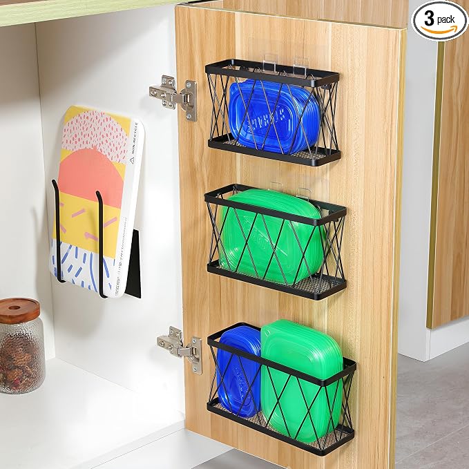 YIGII Cutting Board Holder + 3 Pack Adhesive Cabinet Door Organizer, Black Lid Storage Organizer with, Space Saving Lid Holder for Tupperware Storage Inside Cabinet, Pantry, Kitchen, Bathroom