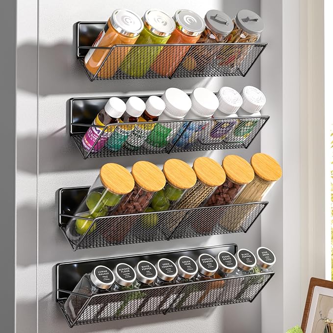 DTUQYX Magnetic Spice Rack 4-Pack for 32 Spices Jars, 14-16.5 inch Long Strong Magnetic Shelves, Space Saving Spice Organizer 45° Tilt for Refrigerator, No Drilling Home Kitchen Storage Shef