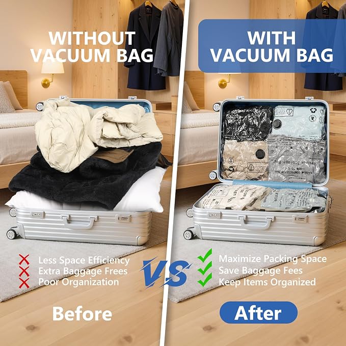 NESCCI Travel Vacuum Bags for Clothing with Rechargeable Wireless air Pump,15 Pack Compression Packing Bags for Luggage Suitcase,Carry-on Size Space Saver Vacuum Storage Bags