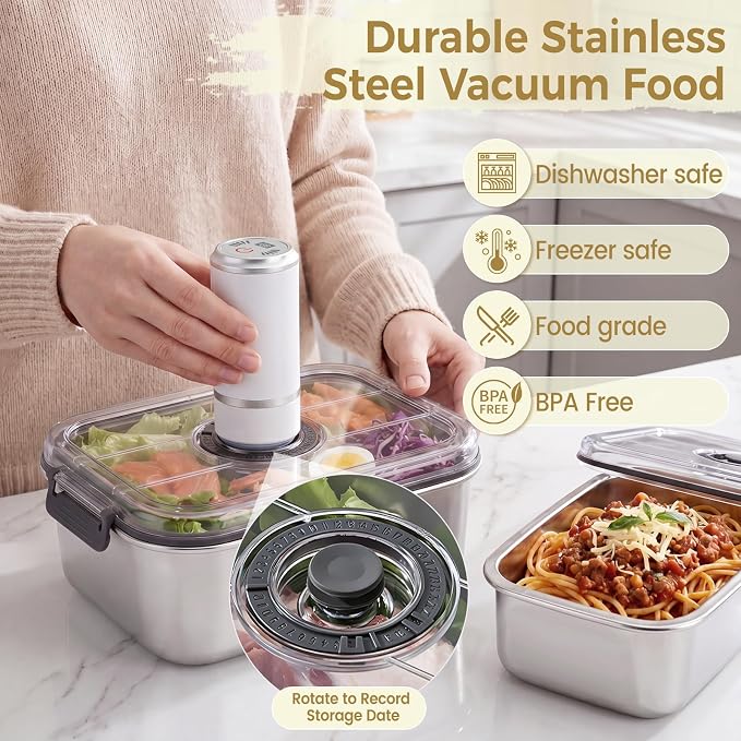 Compact Vacuum Seal Stainless steel Food Storage Containers (Vacuum Sealer Machine+3 Stainless steel Vacuum Containers+16 Reusable Vacuum Bags) for Vacuum Preservation, Refrigerators, Food Storage