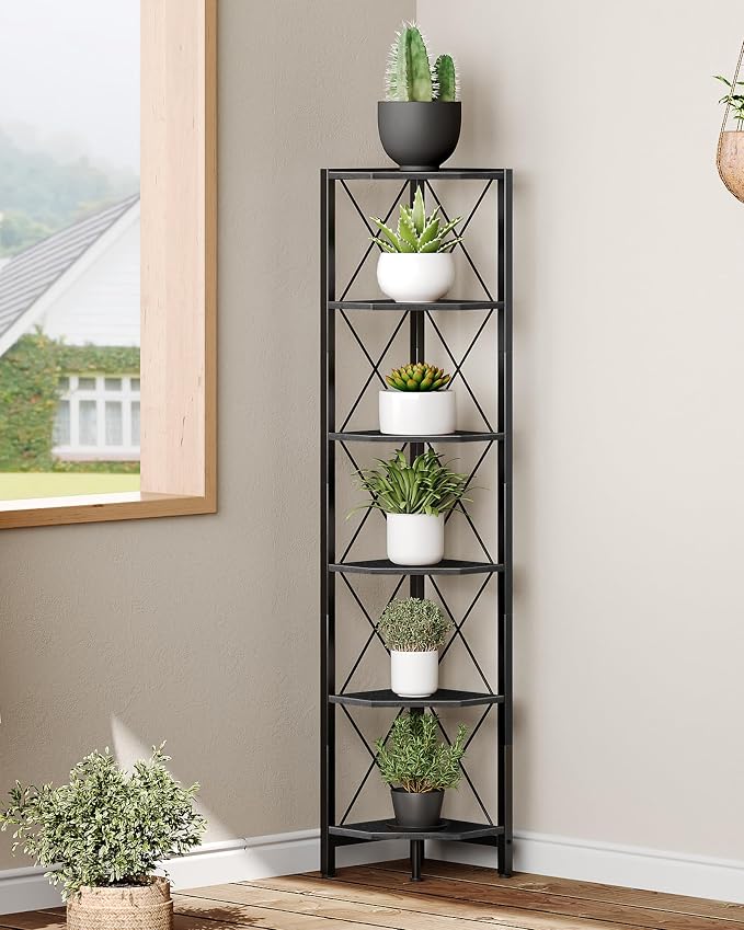 CHOEZON 6-Tier Corner Shelf, Corner Bookcase, 66.9" Tall Vertical Display Rack, Plant Stand, Open Storage Shelf, for Living Room, Bedroom, Study, Kitchen, Black TCJ13BB