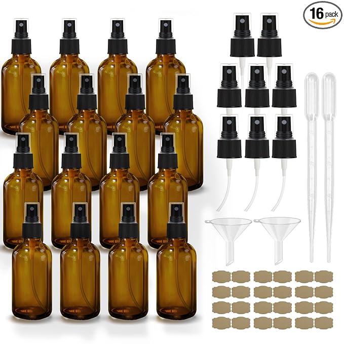 GIVAMEIHF Amber Spray Bottles about 4oz Empty Small Glass Spray Bottle Fine Mist Spray Refillable Containers, Set of 16, Included 24 nozzles, 2 Funnels, 2 Droppers, 24 Labels
