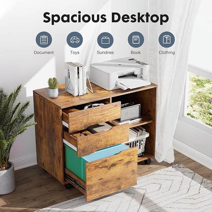 DUMOS File Cabinet with 3 Drawers, Wood Under Desk Storage Printer Stand | Rolling Lateral Filing Cabinet with Adjustable Shelves for Home Office Study Organization,Rustic