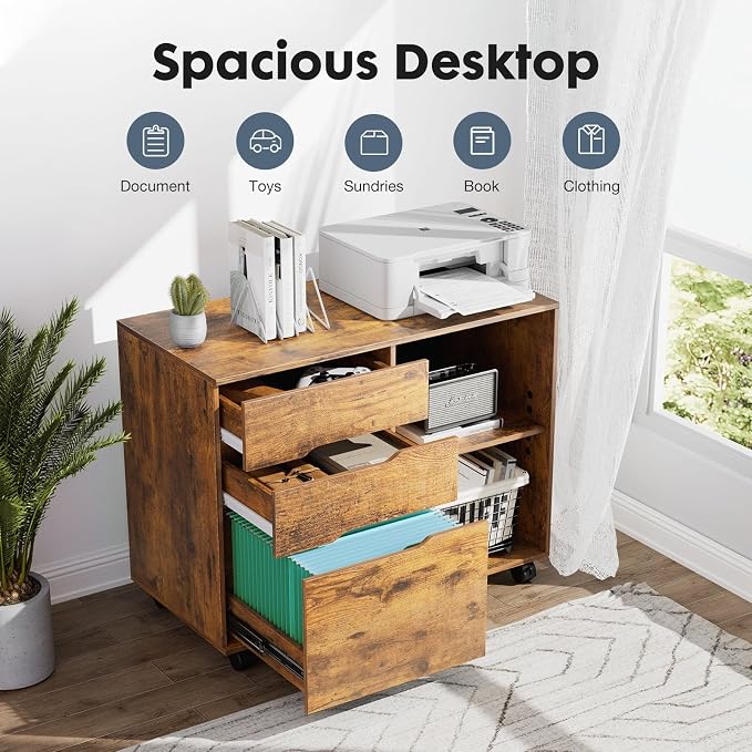 DUMOS Wood File Cabinet with 3 Drawers, Rolling Printer Stand | Under Desk Storage Organizer Home Office Space with Shelves for Files and Office Supplies, Rust