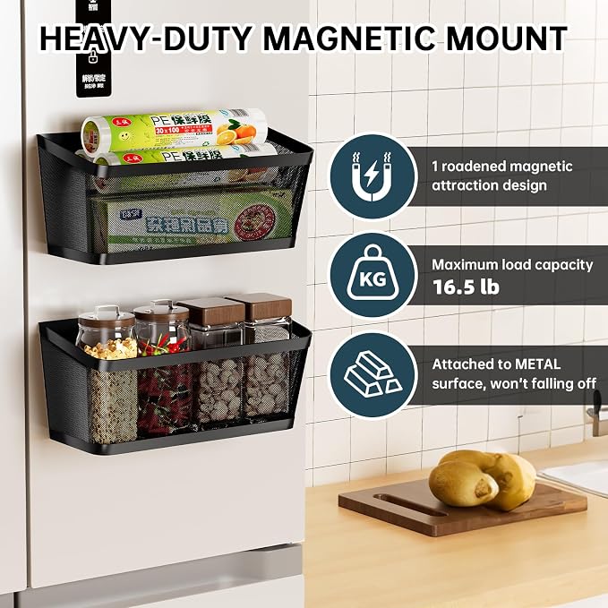 2Pcs Magnetic Spice Rack for Refrigerator, Magnetic Shelves(Extra Large) | Powerful Magnet Hanging Basket Holder, Magnetic Organizer Shelf for Fridge, For Seasonings Fruit Vegetables Coffee Beans