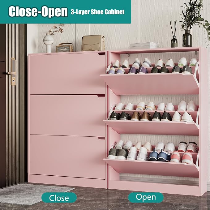 Xixini Shoe Storage Cabinet for Entryway with 3 Flip Drawers, Sturdy Wood Hidden Shoe Storage, Freestanding Narrow Slim Shoe Organizer for Front Door Entrance, Living Room, Hallway, Bedroom, Pink