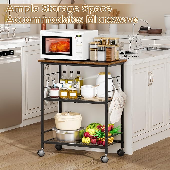 BEWISHOME 3-Tier Rolling Kitchen Microwave Cart, Microwave Table Stand | with 4 Lockable Wheels, Small Coffee Cart Shelf Rack Organizer for Kitchen, Living Room, Bathroom