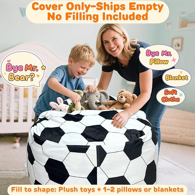 Lukeight Soccer Stuffed Animals Storage Bean Bag Chair Cover Only (Ships Empty, No Filling) - Velvet YKK Zipper Beanbag Cover for Big Kids Teens, Washable Plush Toy Organizer, XX-Large 36" D x 20" H