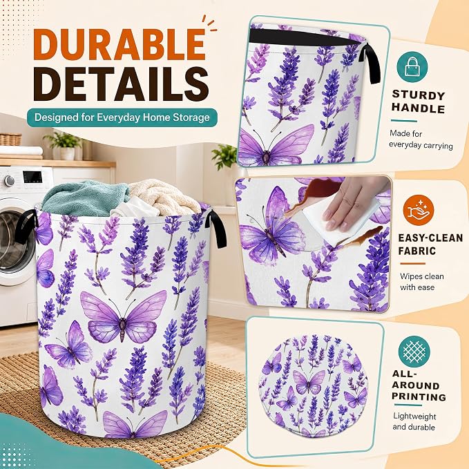 Lavender Laundry Basket with Handles,Purple Butterfly Foldable Oxford Laundry Hamper,Collapsible Clothes Storage Basket for Laundry Room/Bathroom/Bedroom/Dormitories 20.8 x 16 Inches