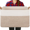 OIASKET Blanket Basket for Living Room, Cotton Rope Basket for Storage, Toy Baskets Bin for kids, Woven Baskets with Handles for Clothes, Towels, Pillows, 20" x 16" x 12", Brown and White