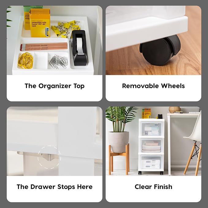 IRIS USA 3-Drawer Rolling Storage Cart, White/Clear | Keep craft supplies, office essentials, classroom items, and accessories organized with easy-access drawers for daily use