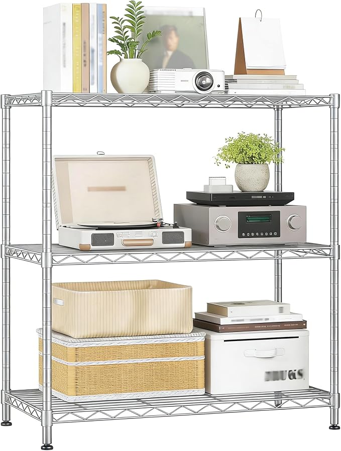 Xcity Storage Shelves, 3 Tier Heavy Duty Metal Shelving Unit with Wheels, 1050 LBS Adjustable Steel Wire Shelf for Commercial, Pantry, Kitchen, Garage, 14" D x 24" W x 30" H, Chrome
