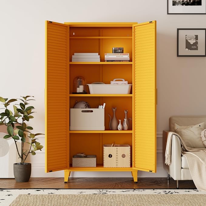 Yellow Metal Storage Cabinet, 4-Tier Tall Cabinet with Adjustable Shelves and Hanging Rod, Louvered Door Freestanding Lockers for Home, Living Room, Kitchen, Bedroom,garage 61" H X 27.6" W X 13.8" D