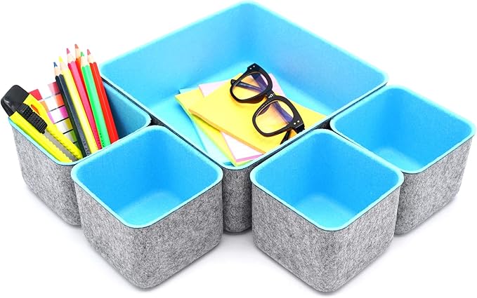Welaxy Desk Drawer Organizers Storage bins Set Home Office Pen holder pencil phone stand Remote controller Closet Cabinet boxes decluttering 5-piece gifts idea (Baby Blue)