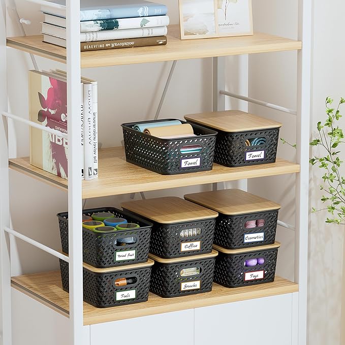 Anysig 8 Packs Plastic Storage Bins with Bamboo Lids - Stackable Storage Bins Decorative Small Basket Containers for Organizing Shelves Office Classroom Desktop Closet, Black