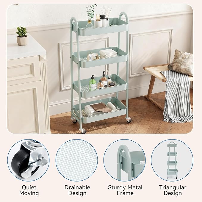 NEWBULIG 4-Tier Metal Rolling Cart with Lockable Wheels, Heavy Duty Mobile Utility Storage Shelf, Roller Book Snack Cart, Organization for Livingroom, Bathroom, Office, Green