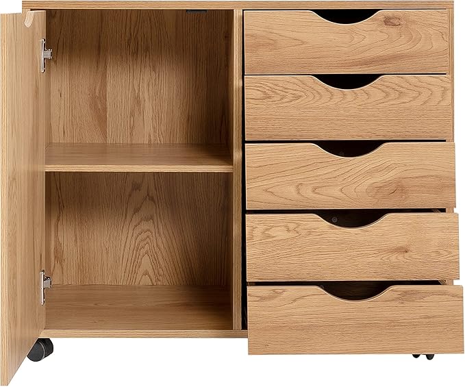 Naomi Home Wooden 5 Drawer Dresser with Cabinet Shelves and Wheels, Drawer Dresser for Bedroom Closet and Dressing Room Storage in Natural