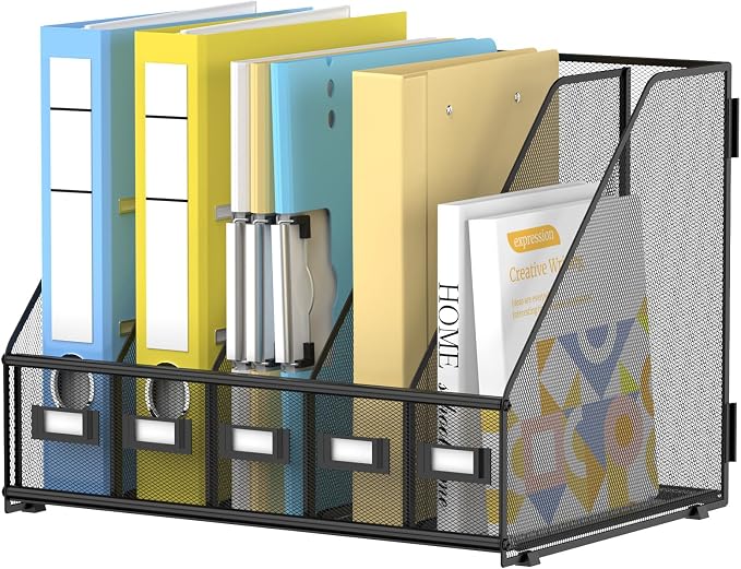 5 Vertical Compartments Magazine File Holder, Metal Binder Organizer, Black | Space-Saving Desktop Storage, Built-In Label Holders, Anti-Slip Feet, Sized for Binders, Folders, Magazines and Files