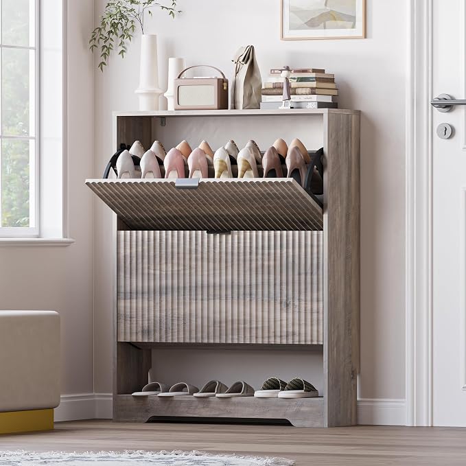 BORNOON Shoe Cabinet with 2 Flip Drawers, Fluted Shoe Storage Cabinet with Adjustable Shelves, Freestanding Rack and Organizer for Entryway, Closet, Hallway